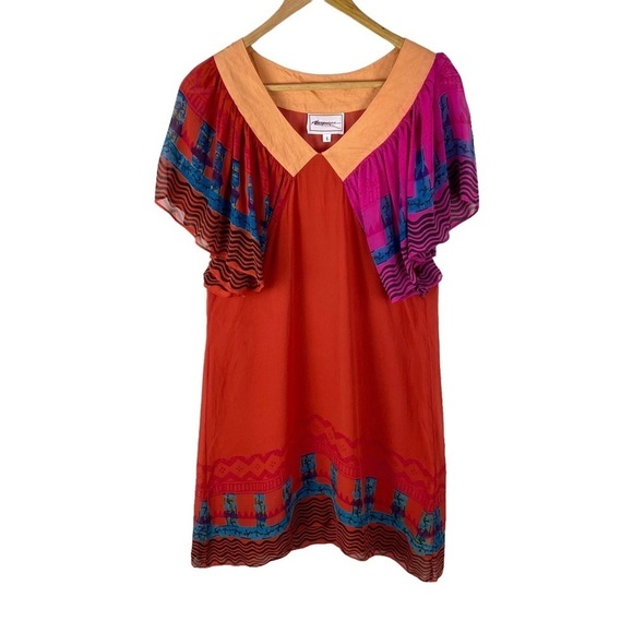 Anthropologie SILK Anupamaa Eastern Sunset Dress Women’s Size S Red Orange - Picture 6 of 12